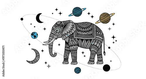 Artistic black and white illustration of an elephant with intricate patterns surrounded by planets, stars, and moons.