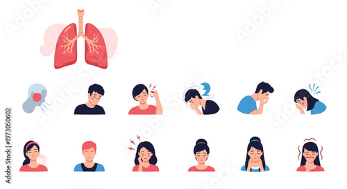 Medical infographic displays human lungs and various characters suffering from symptoms like cough, fever, and pain.