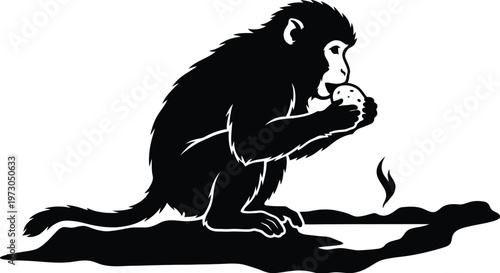 Monkey Eating Fruit Silhouette Vector Illustration | Primate Wildlife for Logo Branding Design