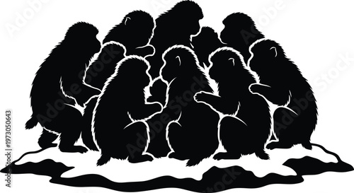 Japanese Snow Monkey Huddle Silhouette Vector Illustration | Macaque Troop for Wildlife Branding