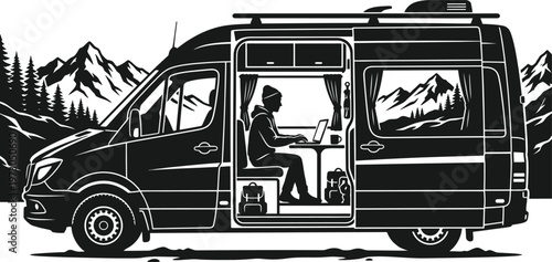 Digital Nomad Van Life Silhouette Vector Illustration | Remote Work Camper for Travel Branding