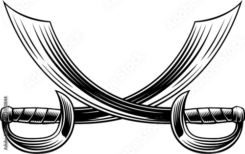 A pair of crossed pirate scimitar cutlass saber swords heraldry design element in a vintage retro woodcut style