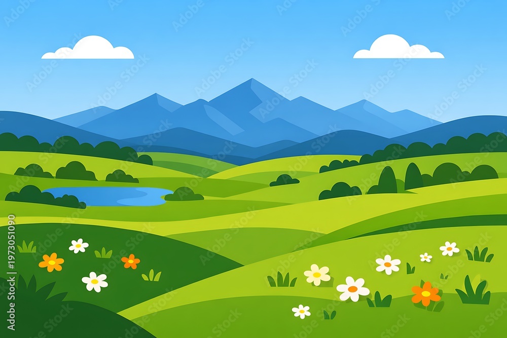 Fototapeta premium Bright Cartoon Landscape with Rolling Green Hills and Distant Mountains