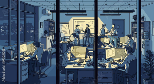 Overtime office work, late night business meeting, pixel art style, people working on computers