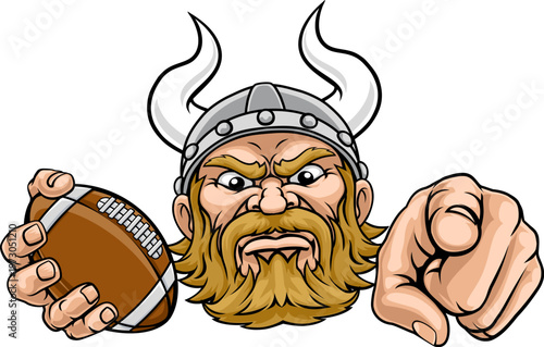 A Viking man holding American Football ball and pointing sports team cartoon charcater mascot illustration.
