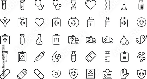 Medical healthcare outline icons, hospital equipment vector set, digital medicine symbols illustration, patient care graphics, emergency service essentials, pharmaceutical design resources pack