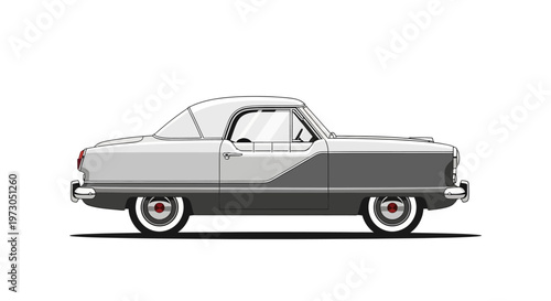 Side view illustration of a vintage two-tone American car in gray and white.
