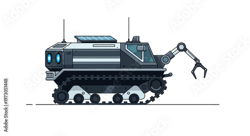 Futuristic autonomous exploration rover with robotic mechanical arm isolated on white.