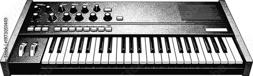 This title highlights the stippling technique, the subject (synthesizer keyboard), and the artistic detail, making it appealing and discoverable for Adobe Marketplace buyers.