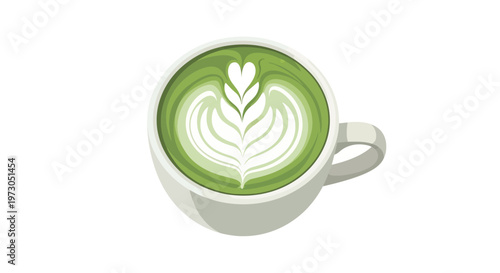 Top view of a cup of matcha green tea latte with heart-shaped foam art isolated on white background.
