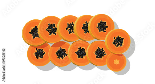 Fresh, vibrant papaya slices with seeds isolated on a white background.
