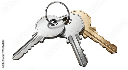 Silver and Gold Keys on Keychain Isolated on White