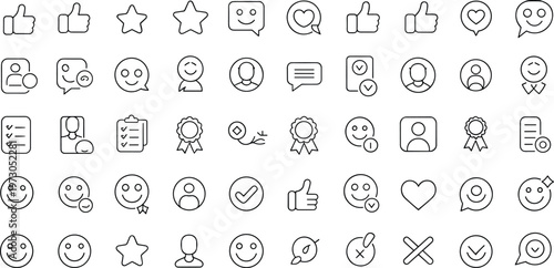 Minimalist social media feedback icons, rating system outline set, communication symbols vector, user interface design resources, digital interaction essentials illustration