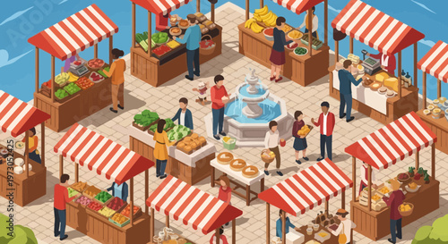 Isometric Outdoor Market Scene with People Shopping at Stalls