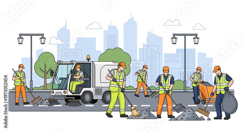 Urban Street Cleaning Crew with Sweeper Machine and Workers in Cityscape