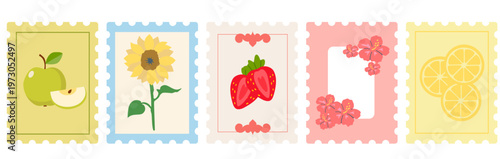 modern trendy post card stamp illustration set , fruits and flower stamp