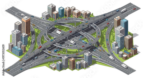 Complex Highway Interchange with City Buildings and Traffic