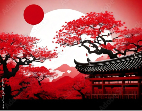 Japanese Temple Pagoda and Cherry Blossom Trees Under a Red Sun.