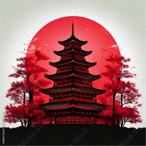 Japanese Pagoda Architecture Against a Red Sun and Trees.