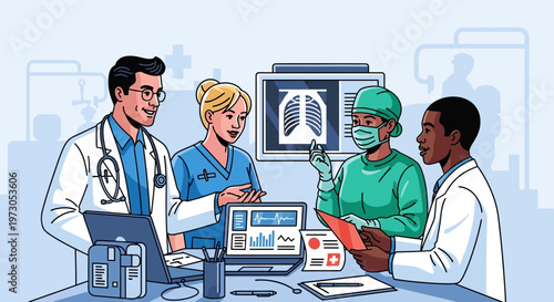 Diverse medical team collaborating on patient care with x-ray and laptop