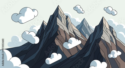 Stylized Mountain Peaks with Fluffy Clouds in a Pastel Sky