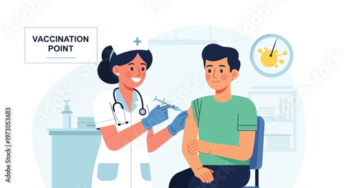 Nurse administering vaccine injection to young man at vaccination point, health care concept