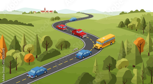 Scenic Countryside Road with Cars and School Bus
