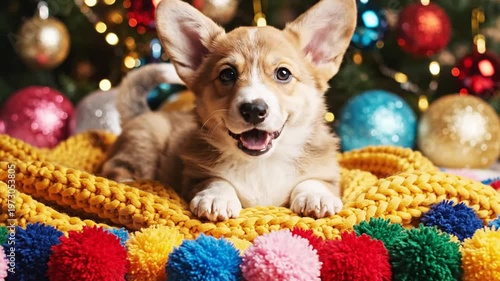 Adorable Pembroke Welsh Corgi puppy resting on a yellow chunky knit blanket surrounded by vibrant colorful pom-poms against a blurred Christmas tree background with ornaments.