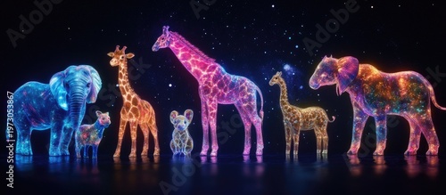 Neon Galaxy Animals: Giraffes, Elephants, and Dog in Cosmic Display