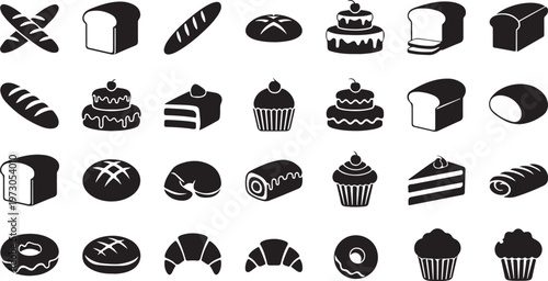 A collection of bakery items in black and white