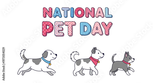 Vector art for National Pet Day featuring three cartoon dogs with collars walking happily in a row, set against a clean white background, conveying a joyful and playful mood