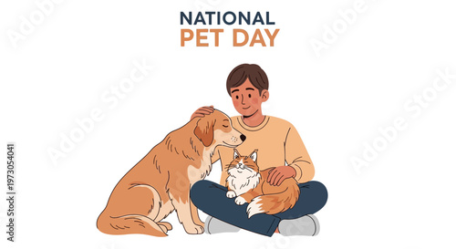 On National Pet Day, a heartwarming vector illustration shows a person sitting cross-legged, lovingly embracing a golden retriever and a fluffy ginger cat against a clean white backdrop