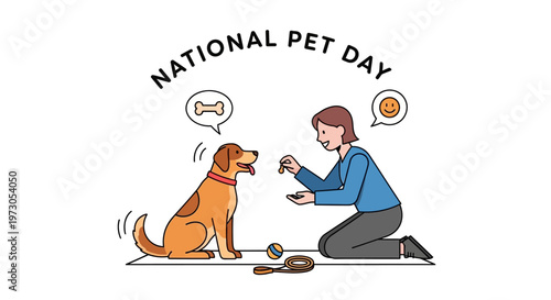 Celebrating National Pet Day, a flat vector illustration shows a woman cheerfully feeding her dog against a clean white background, conveying a happy pet lifestyle with a simple