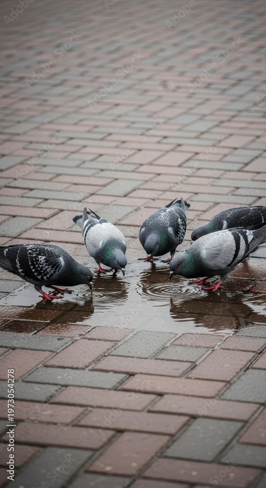 Fototapeta premium Pigeons Gather Around Water on Brick Pavement.