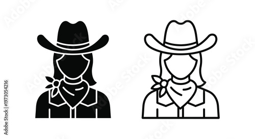 Two cowboy hats and figures one solid and one outlined silhouette