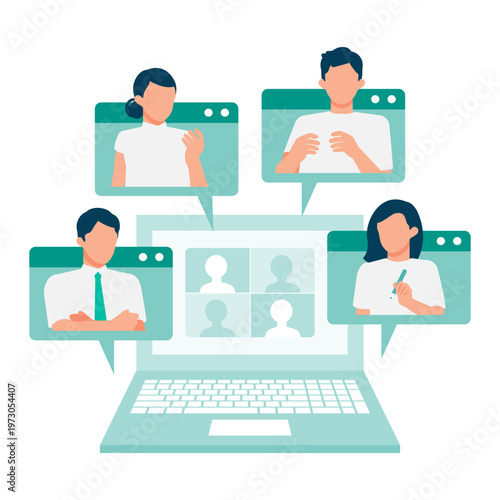 Team of business people in short sleeves having a group video meeting for summer energy-saving hybrid work and collaborative project management solution