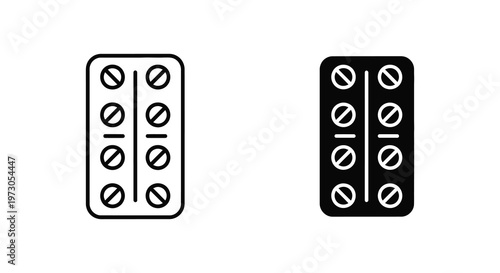 Two pill blister packs one outlined one filled in a graphic silhouette