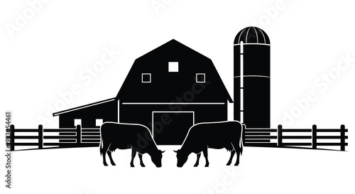 Rural farm scene with barn silo cows and wooden fence silhouette