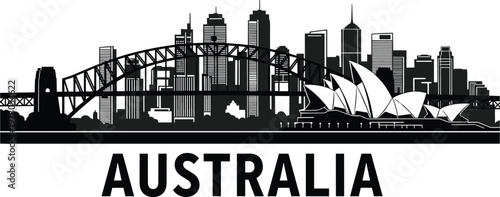 Black Silhouette Skyline Of Sydney Australia With Opera House And Harbour Bridge vector illustration
