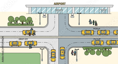 Airport taxi drop off and pick up zones illustration