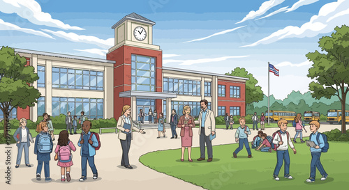 School Building Exterior with Students and Teachers Arriving for Classes