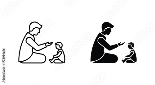 Father and child interacting shown in two distinct poses silhouette