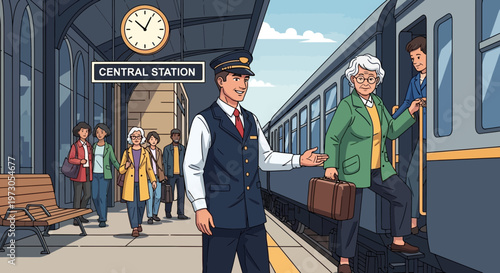 Train conductor assists elderly woman boarding vintage train at central station platform