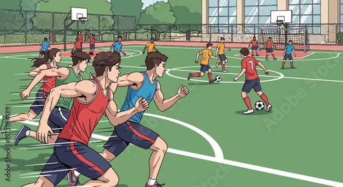 Diverse group of young people playing soccer and running on a sports field near school