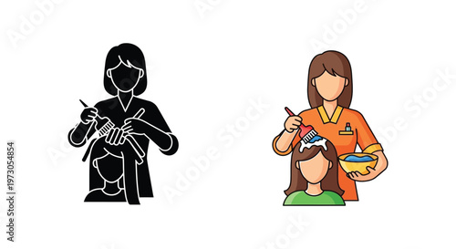 Hairdresser applying dye to client with contrasting color and silhouette