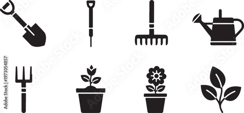 Gardening tools and plants icons