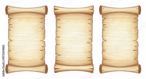 Watercolor parchment scroll, hand drawn manuscript papyrus paper, magic medieval vintage sheet roll. Empty antique game menu banner, document grunge torn edge, ancient pirate map. Parchment scroll set