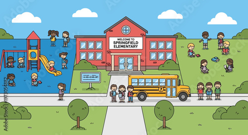 Diverse students playing at cartoon elementary school with yellow bus and playground