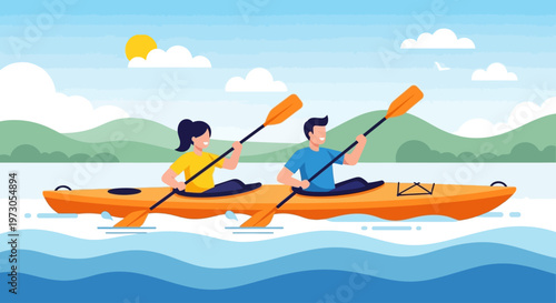 Couple kayaking together. Cartoon Kayaking Duo: Recreational Fun and Adventure on Tranquil Water Surfaces. vector