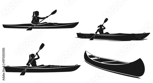 Kayak silhouettes, Canoe silhouette, Woman kayaking silhouette, Kayaking silhouette, Kayak SVG, Kayak vector set